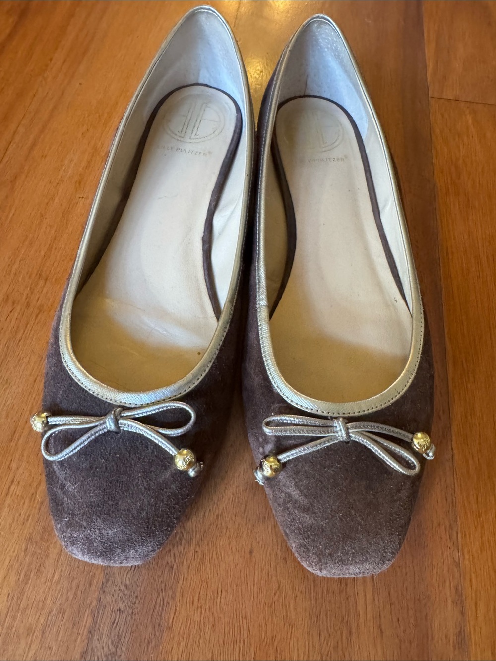 Lilly Pulitzer Brown Suede Ballet Flats with Gold Trim